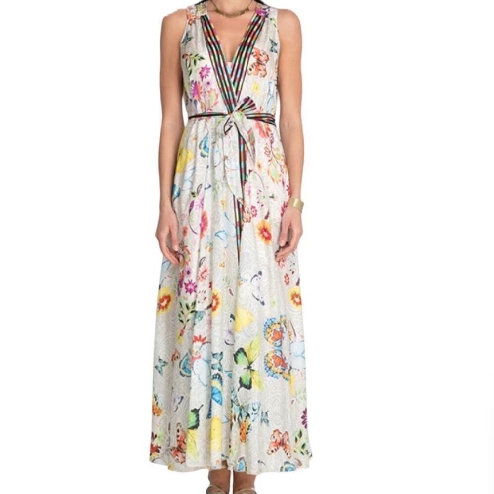 Johnny Was Edith White Pattern Silk Maxi Dress Floral Slip Belted New Size XXL